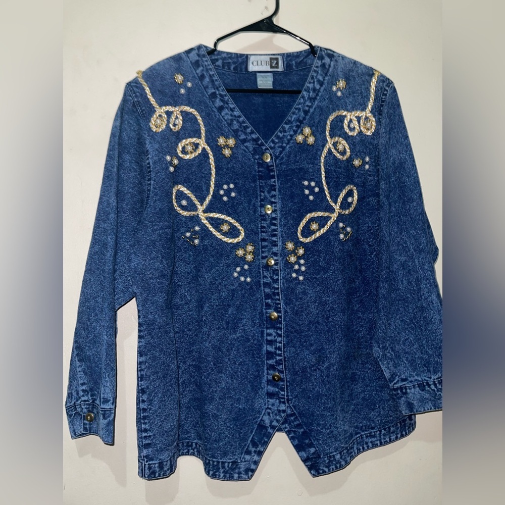 Vintage Beaded Pearl Denim Long Dleeve Button shirt